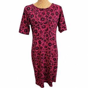 LuLaRoe Julia Dress Womens L Pink Black Floral Midi Stretch Pencil Sunflower